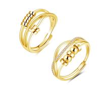 Zolkamery Anillo de plata de ley 925 para ansiedad para mujeres con ansiedad, anillos ajustables abiertos antiansiedad con cuentas, anillo giratorio de alivio con circonita, 2 anillos unisex para el