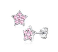 Zolkamery Pendientes de tuerca de plata de ley 925 con diseño de estrella, corazón, lazo, infinito, para niñas y mujeres, aretes pequeños de plata de 10 mm con circonita rosa y morada, hipoalergénicos