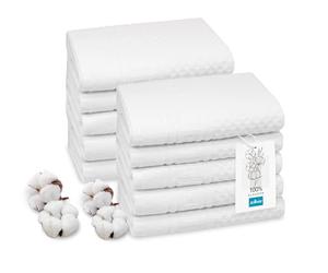 ZOLLNER Juego de 10 Toallas 50 x 100 cm - Suave y Absorbente, con diseño de gofre en Color Blanco - con Gancho - Lavable hasta 95 °C - algodón - Calidad hotelera - Certificado Oeko Tex®