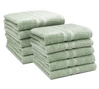 ZOLLNER Juego de 10 Toallas de 50 x 100 cm - Toallas de baño mullidas de algodón - con Moderno Borde a Rayas - Lavables hasta 60 °C - con práctico Colgador - En Color Salvia - Calidad de Hotel