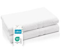 ZOLLNER Juego de 2 Toallas de Ducha de 70 x 140 cm - Toallas de baño - con un Moderno Borde a Rayas - Lavables hasta 95 °C - con un práctico Colgador - En Color Blanco - Calidad de Hotel