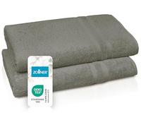 ZOLLNER Juego de 2 Toallas de Sauna de 70x180 cm: Toallas mullidas de algodón con un Moderno Borde a Rayas, Lavables hasta 95°C, con un práctico Colgador, en Color Gris Topo, Calidad de Hotel