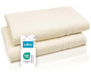ZOLLNER Juego de 2 Toallas de Sauna de 70x180 cm: Toallas mullidas de algodón con un Moderno Borde a Rayas, Lavables hasta 95°C, con un práctico Colgador, en Color Beige, Calidad de Hotel