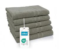 ZOLLNER Juego de 5 Toallas de Ducha de 70 x 140 cm - Toallas de baño - con un Moderno Borde a Rayas - Lavables hasta 95 °C - con un práctico Colgador - En Color Taupe - Calidad de Hotel
