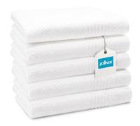ZOLLNER Juego de 5 Toallas de Ducha en 70x140 cm - Toallas Muy absorbentes en Blanco - con práctica Percha - con Elegante Borde a Rayas - Lavable hasta 95°C - algodón - Calidad hotelera