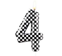 Zolunu Vela de cumpleaños de coche de carreras, vela metálica negra y blanca a cuadros para pastel, vela número 4, decoración de pastel para niños y niñas, suministros
