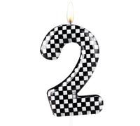 Zolunu Vela de cumpleaños de coche de carreras, vela metálica negra y blanca a cuadros para pastel, vela número 2, decoración para niños y niñas