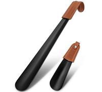 ZOMAKE Calzador de Zapatos 2 Piezas,42cm Largo Metalico Calzadores Largos para Personas Mayores con Correa Cuero,17cm Acero Inoxidable Shoe Horn Fácil de Utilizar(2 Piezas Negras B)