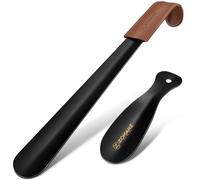 ZOMAKE Calzador de Zapatos 2 Piezas,42cm Largo Metalico Calzadores Negro para Personas Mayores con Correa Cuero,19cm Acero Inoxidable Shoe Horn Fácil de Utilizar(2 Piezas Negras A)