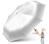 ZOMAKE Paraguas Plegable Anti Uv,Parasol AutomáTico De Sol,Grande Paraguas Compacto Con Mango De Madera Para Hombre Mujer(Plateado Negro)