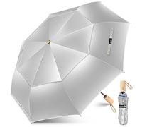 ZOMAKE Paraguas Solar UV UPF 50+, Paraguas Plegable Automático Resistente | Sombrilla Compacta para el Sol, Pequeña y Portátil, Robusta y Duradera, Mango de Madera, Mujer, Hombre, Playa, Ciudad y Viaje