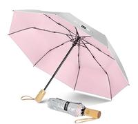 ZOMAKE Parasol Anti Uv,Paraguas Plegable AutomáTico De Sol,Paraguas Compacto Con Mango De Madera Para Hombre Mujer(Plateado Rosa)