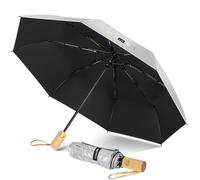 ZOMAKE Parasol Anti Uv,Paraguas Plegable AutomáTico De Sol,Paraguas Compacto Con Mango De Madera Para Hombre Mujer(Plateado Negro)