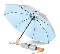 ZOMAKE Parasol Anti Uv,Paraguas Plegable AutomáTico De Sol,Paraguas Compacto Con Mango De Madera Para Hombre Mujer(Plateado Azul Claro)