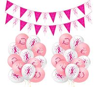 Zomiboo 36 Globos de Concientización sobre Cáncer de Mama Globos con Cinta Rosa y 2 Banneres de Concientización sobre Cáncer de Mama Banner de Esperanza Fe Fuerza Coraje de Cinta Rosa