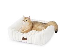 ZOMISIA Lindas camas para gatos y perros pequeños, cama ortopédica rectangular para cachorros con funda lavable esponjosa y parte inferior antideslizante, 20 x 19 x 7 pulgadas, color crema
