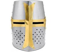 Zomitiya Casco medieval de caballero cruzado, acero de calibre 18, plata pulida con detalles de cruz de latón, gran yelmo de cara completa para LARP, cosplay, recreación