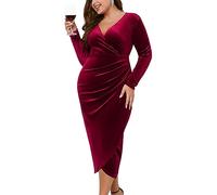 ZOMVA Vestido cruzado de terciopelo de talla grande, mangas con volantes, largo, acampanado, elegante, para fiesta, boda, invitado, cóctel, Borgoña, manga larga, 3XL Grande