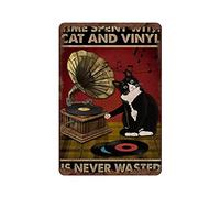 Zomyto Letrero de estaño de gato con el tiempo pasado con el gato y el vinilo nunca se desperdicia esmoquin, impresiones artísticas divertidas para pared, decoración del hogar, música clásica, letrero