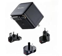 Zonebee Cargador GaN de 65 W ultra rápido con cable retráctil, puertos USB C dobles intercambiables, enchufe de Reino Unido, UE, AU/EE. UU., compatible con MacBook, iPad, iPhone, Samsung, Pixel, HP