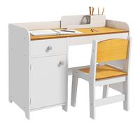 ZONEKIZ Conjunto de Escritorio de 2 Piezas Pupitre Infantil Escritorio para Niños Incluye Silla y Mesa con Cajón y Armario para Dormitorio Sala Blanco y Natural