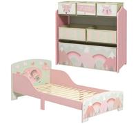 ZONEKIZ Conjunto para Niños con Cama Infantil de Madera con Barreras Rosa | 1 Estantería para Juguetes, 6 Cajas de Tela no Tejida Extraíbles