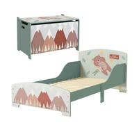 Zonekiz conjunto para niños incluye 1 cama infantil de madera carga máx. 40 kg 143x77x60 cm y 1 baúl de almacenamiento 60x37x39 cm con estampados verde