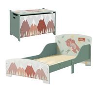 ZONEKIZ Conjunto para Niños Incluye 1 Cama Infantil de Madera Carga Máx. 40 kg 143x77x60 cm y 1 Baúl de Almacenamiento 60x37x39 cm con Estampados Verde