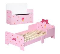 Zonekiz conjunto para niños incluye 1 cama infantil de madera con barreras de protección y 1 baúl de juguetes infantil para dormitorio sala de juego rosa