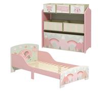 Zonekiz conjunto para niños incluye 1 cama infantil de madera con barreras de protección y 1 estantería para juguetes con 6 cajas de tela no tejida extraíbles rosa