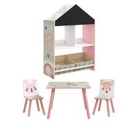 Zonekiz conjunto para niños incluye 1 estantería para juguetes con pizarra pintable 2 cajas de tela no tejida y 1 mesa infantil con 2 sillas para dormitorio sala de juegos rosa 44 cm