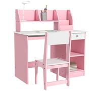 ZONEKIZ - Escritorio infantil con silla ergonómica, mesa infantil y silla con 2 cajones, estantes abiertos y nichos, mesa para estudio, trabajo y escritura, 90 x 45 x 90 cm, rosa