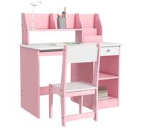 ZONEKIZ Escritorio para niños con silla ergonómica con teclado deslizante, cajón, nichos y estantes abiertos 90 x 45 x 90 cm rosa