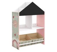 ZONEKIZ Estantería para Juguetes Organizador Infantil con Pizarra Pintable Estantes Abiertos y 2 Cajas de Tela no Tejida Extraíbles para Sala de Juegos Habitación Guardería 62,4x26,5x90 cm Rosa
