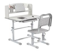 ZONEKIZ Juego de Escritorio y Silla para Niños de 6-12 Años Pupitre Infantil Altura Ajustable con 1 Cajón 1 Estante para Libros y Ángulo de Mesa Ajustable 80x54,5x82-104 cm Gris y Blanco