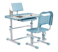 ZONEKIZ Juego de Escritorio y Silla para Niños de 6-12 Años Pupitre Infantil Altura y Ángulo Ajustable con 1 Cajón y 1 Estante para Libros 80x49,5x82-104 cm Azul y Blanco