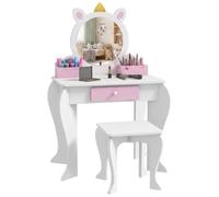 ZONEKIZ Tocador Infantil con Taburete Espejo con Cajón Niñas Blanco y Rosa | Compartimentos, Diseño de Unicornio, Mesa de Maquillaje, Niños y Niñas de 3-6 Años