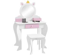 ZONEKIZ Tocador Infantil con Taburete y Espejo Tocador para Niñas con Cajón Compartimentos Diseño de Unicornio Blanco