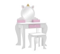 Zonekiz tocador infantil con taburete y espejo, tocador para niñas con cajón, compartimentos, diseño de unicornio, mesa de maquillaje para niños y niñas de 3-6 años, blanco 55 cm