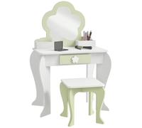 ZONEKIZ Tocador para Niñas con Espejo 55x34x87,5 cm Blanco y Verde Pastel | Taburete, Tocador de Maquillaje, para Niñas de 3-6 Años, 2 Cajas, 1 Cajón