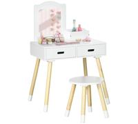 ZONEKIZ Tocador para Niñas con Taburete y 2 Cajones 60x40x95 cm Blanco | Madera Infantil, Espejo, Centro de Belleza, Juguete Educativo, para Niñas de 3-6 Años