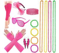 ZoneYan 80s Accesorios de Traje, 17pcs Accesorios Mujer de Ropa Años 80 Disfraz, Collar, Guantes, Calentadores de Pierna, Pendientes, Gafas para Fiesta para Fiesta Cosplay