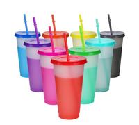 ZoneYan 9 Piezas Vasos de Plástico Reutilizables con Tapa y Pajita, 16oz/480ml Vasos que Cambia de Color, Copas de Plastico Duro, Taza de Viaje para Fiestas, Bebidas Frías para Niños y Adultos