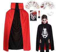 ZoneYan Capa de Vampiro para Niños, Doble Cara Cape Niños Negro Rojo Halloween, Disfraz de Vampiro Set con Dientes Sangre Falsa y Pegatinas para Tatuajes, Capa de Disfrz Niño para Carnaval Cosplay