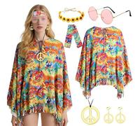 ZoneYan Disfraz Hippie Mujer, Ropa Hippie Señoras Set con Poncho, Diadema, Paz Collar, Orrings y Gafas Sol, Disfraz Años 60 70 para Carnaval, Discoteca, Fiesta, Cosplay