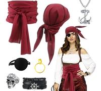 ZoneYan Disfraz Pirata Mujer, 7PCS Disfraz Pirata Mujer Accesorios, Pañuelo Pirata, Cinturón Pirate, Parches Ojos Pirate, para Mascarada Carnaval Halloween Navidad