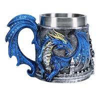 ZONSUSE Jarra de Dragón Medieval, Taza de Dragón Gótico, con Relieve de Castillo, Taza de Café de Acero Inoxidable con Dragones, Regalos Personalizados para Hombre 450 ml (Azul Dragon)