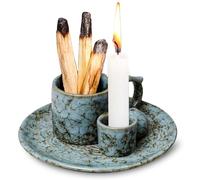ZONSUSE Porta Incienso Multifuncional 4 en 1 de Cerámica, Quemador con Soporte para Vela y Recoge Ceniza, para Salvia, Palo Santo, Varillas y Conos, Decoración Oficina Yoga Meditación (Azul-Verde)