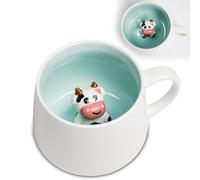 ZONSUSE Taza Cerámica Vaca Kawaii, Cute Cow Mug con Tapa y Cuchara, 3D Ternero Inside Cup, Animal Coffee Mug para Té, Leche y Chocolate Caliente, Regalo para Mujeres, Niños y Amigos 350ml (3D Cow)