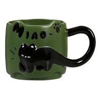 ZONSUSE Taza Gato Negro Creativa, Taza de Cerámica 3D con Cola como Asa, Taza Animal Kawaii para Café Desayuno, Regalo para Mujeres Niñas Niños Amantes de Gatos, 380ml (Gato Negro-Verde)